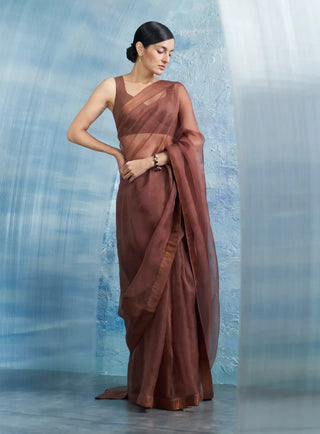 Aura woody brown saree with sleeveless blouse