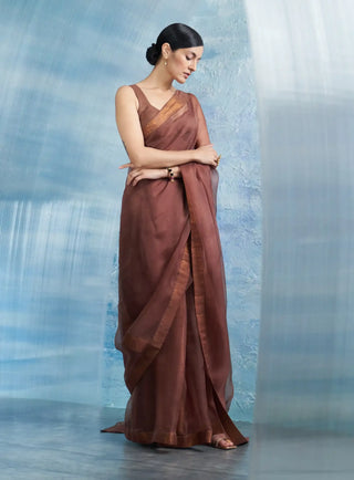 Aura woody brown saree with sleeveless blouse