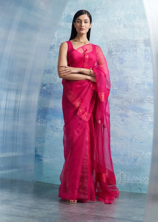 Fuchsia pink organza saree with blouse