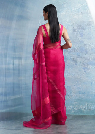 Fuchsia pink organza saree with blouse