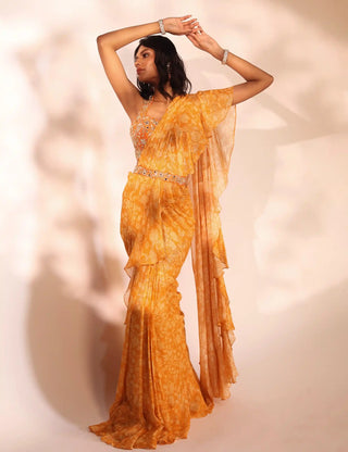 Vierra orange ruffled saree set