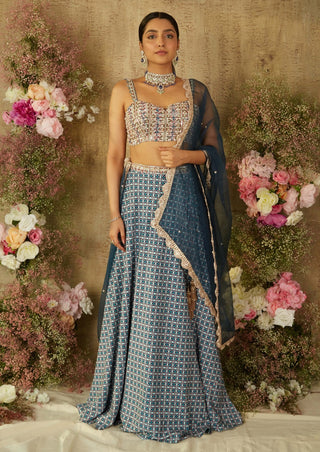 Blue printed lehenga set