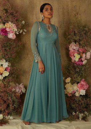 Marine blue aqua overlap anarkali