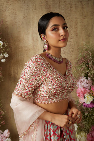 Pink printed pleated lehenga set