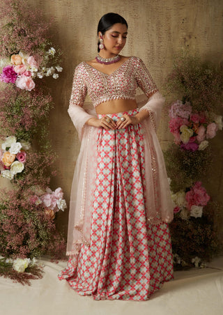 Pink printed pleated lehenga set