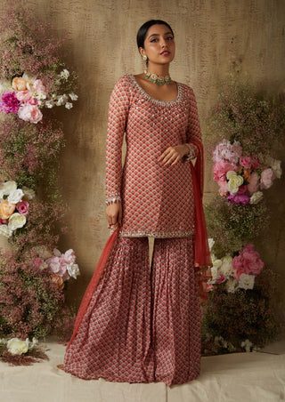 Rust red printed sharara set