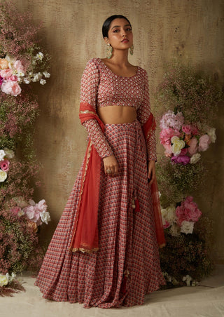 Red printed lehenga set