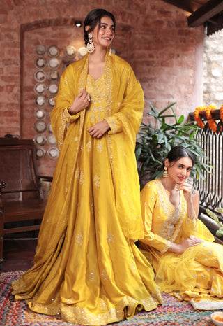 Mustard embroidery angrakha gown and dupatta