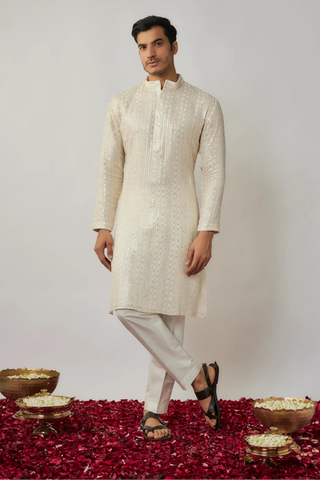 Ivory sequin and threadwork kurta with pants