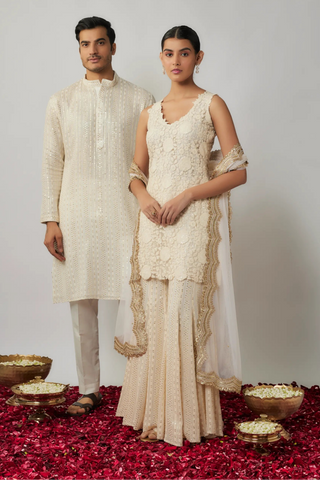 Ivory sequin and threadwork kurta with pants