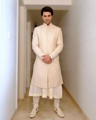 Beige gold lucknowee sherwani set