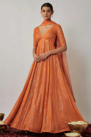 Saffron orange sequin and thread embroidered georgette anarkali gown set