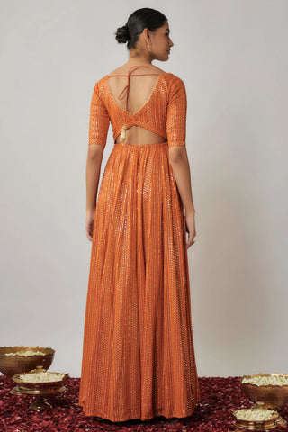 Saffron orange sequin and thread embroidered georgette anarkali gown set