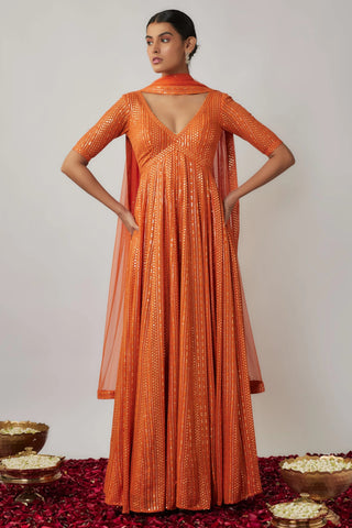 Saffron orange sequin and thread embroidered georgette anarkali gown set