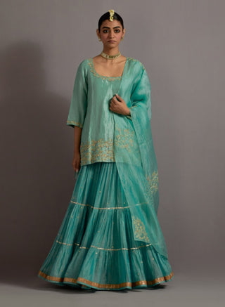 Powder blue tissue short kurta skirt set