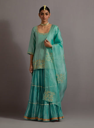 Powder blue tissue short kurta skirt set