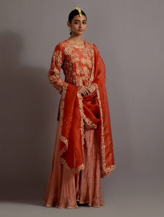 Tangerine tissue boota short kurta sharara set