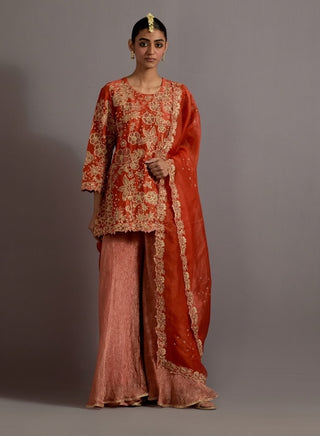 Tangerine tissue boota short kurta sharara set