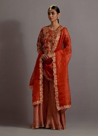 Tangerine tissue boota short kurta sharara set