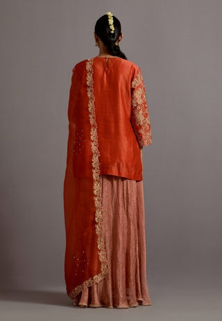 Tangerine tissue boota short kurta sharara set