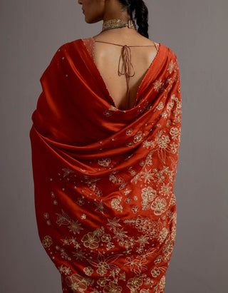 Tangerine tissue appliqued boota saree with blouse