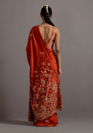 Tangerine tissue appliqued boota saree with blouse