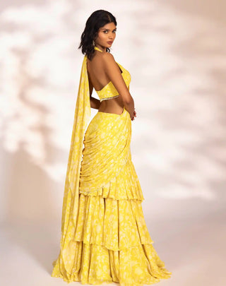 Amani yellow printed pre-draped saree and blouse