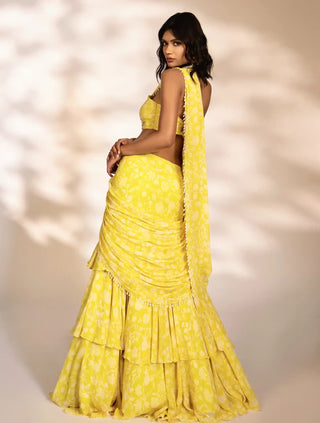 Amani yellow printed pre-draped saree and blouse