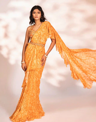 Vierra orange ruffled saree set