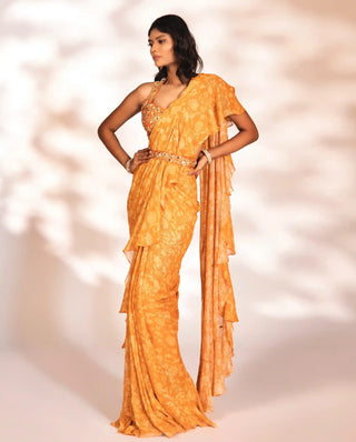 Vierra orange ruffled saree set