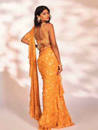 Vierra orange ruffled saree set