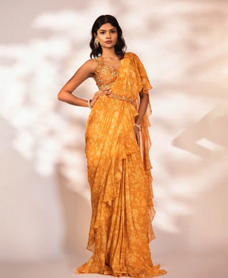 Vierra orange ruffled saree set