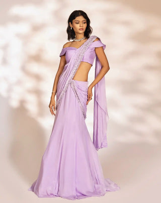 Pearl purple pre-draped saree and blouse