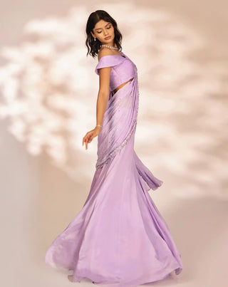 Pearl purple pre-draped saree and blouse