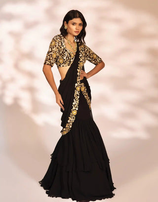 Odessa black pre-draped saree and blouse