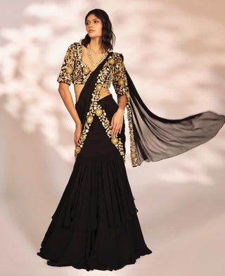 Odessa black pre-draped saree and blouse