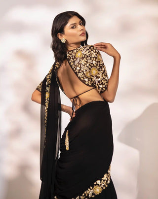 Odessa black pre-draped saree and blouse