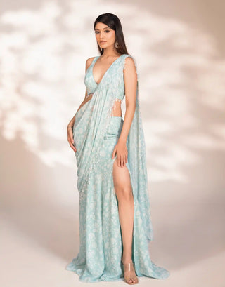 Bella blue printed pre-draped saree and blouse