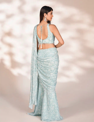 Bella blue printed pre-draped saree and blouse