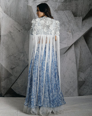 Statement fringe blue lehenga and cape set