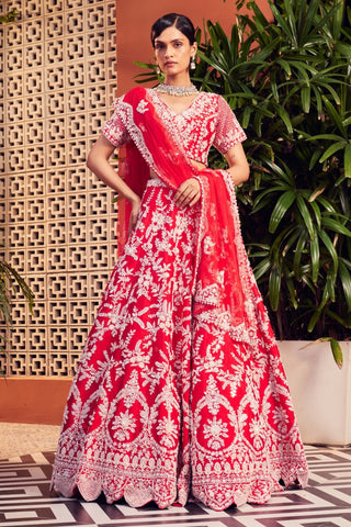 Red slash embroidered lehenga set