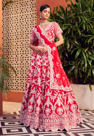 Red slash embroidered lehenga set