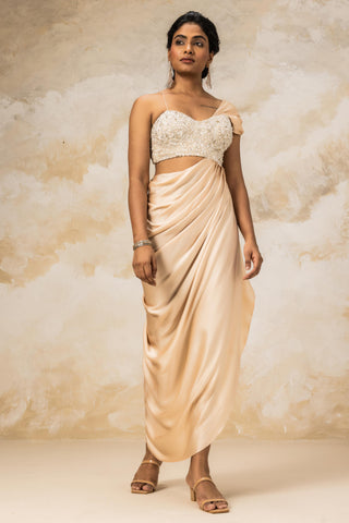 Peach one shoulder satin drape dress with corset blouse