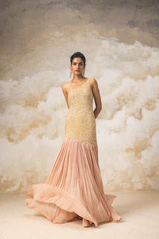 Peach one shoulder sequinced gown with flare