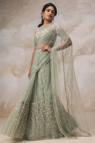 Mint green floral delicate embroidery lehenga come saree set