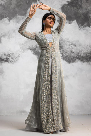 Powder blue long embroidered jacket set