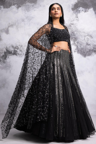 Black sequinced geometrical panelled lehenga set