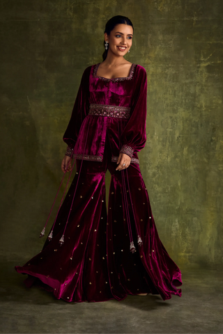 Mulberry velvet peplum and sharara set