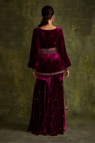 Mulberry velvet peplum and sharara set