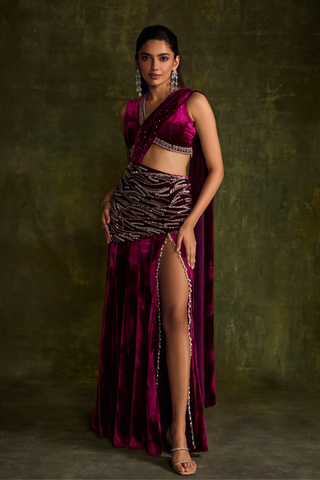 Mulberry velvet slit pre-draped saree